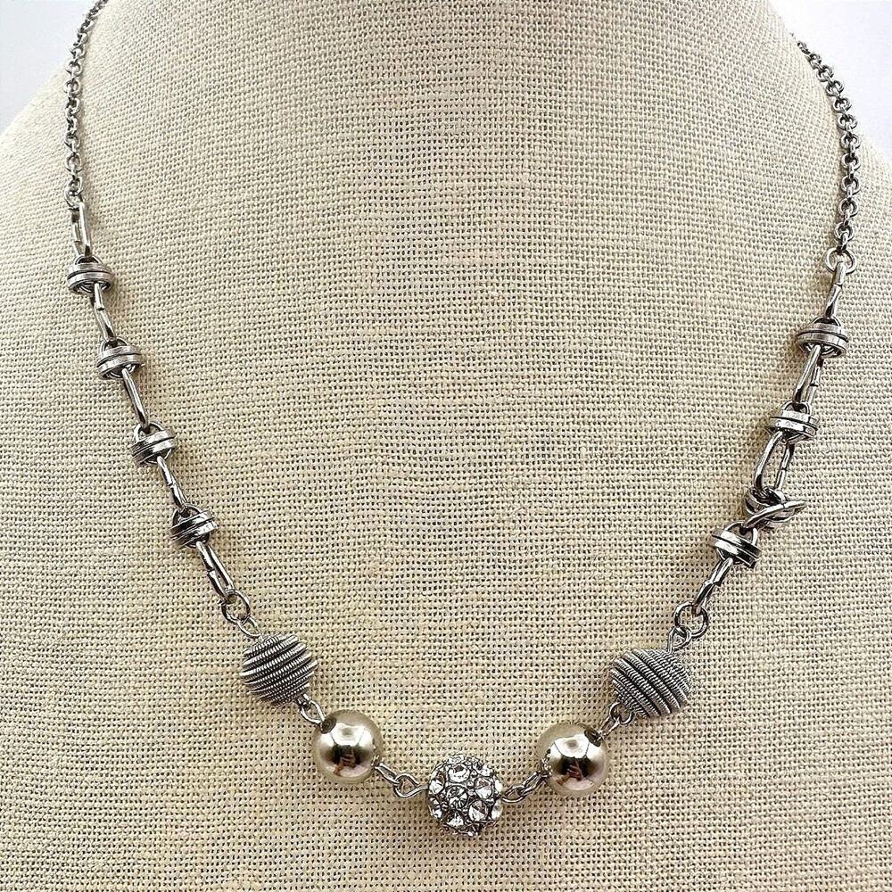 Vintage Y2K Clear Rhinestone Disco Ball Silver Tone Beaded Necklace Jewelry Boho